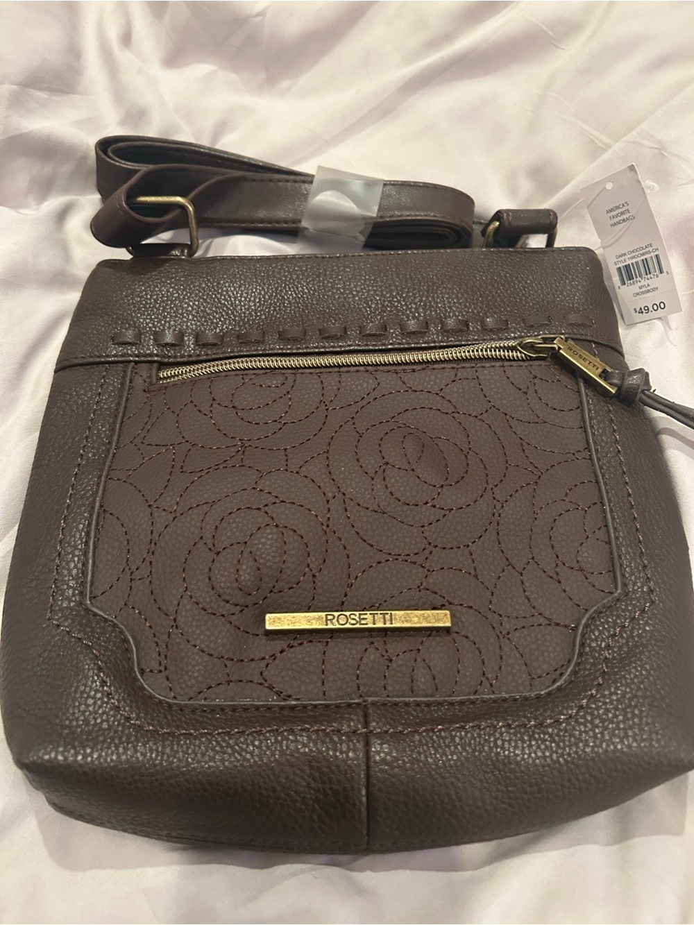 Rosetti Dark Brown Floral-Stitched Crossbody with Gold Hardware